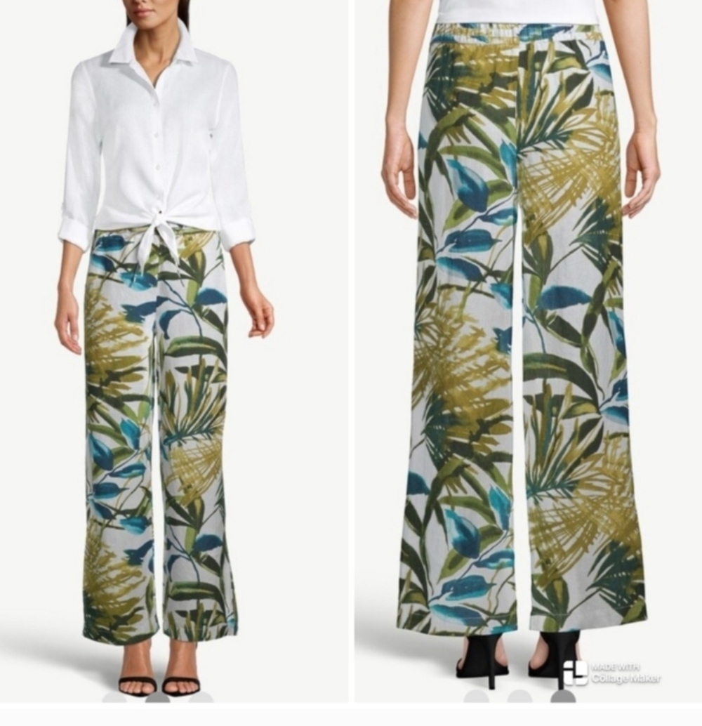 Chico's Wide-Leg Drawstring Leaf-Print Linen Pants NWT  Sz 3.5P